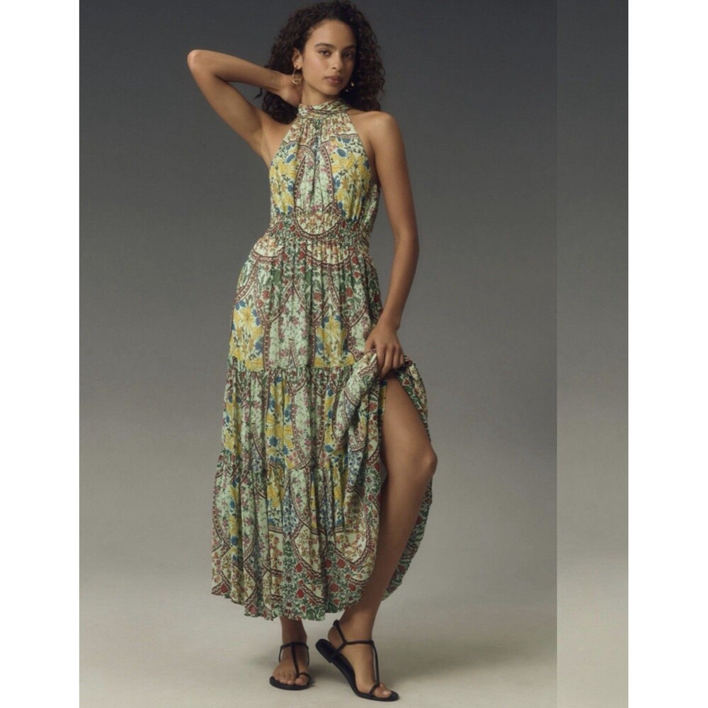 Anthropologie Halter Tiered Maxi Dress in Green and Yellow Floral